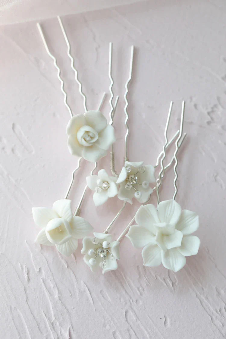 Wedding Accessories Silver Color Head Pieces Women Hair Pin Clip For Brides Girl Party Porcelain Flower Hairpin Bridal Jewelry
