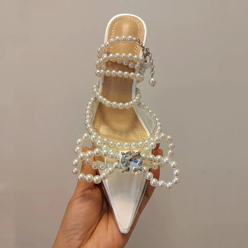 2024 New design Crystal Beads Bowknot Women Sandals Fashion Clear PVC Ankle Strap Gladiator sandals Summer Party Prom Shoes