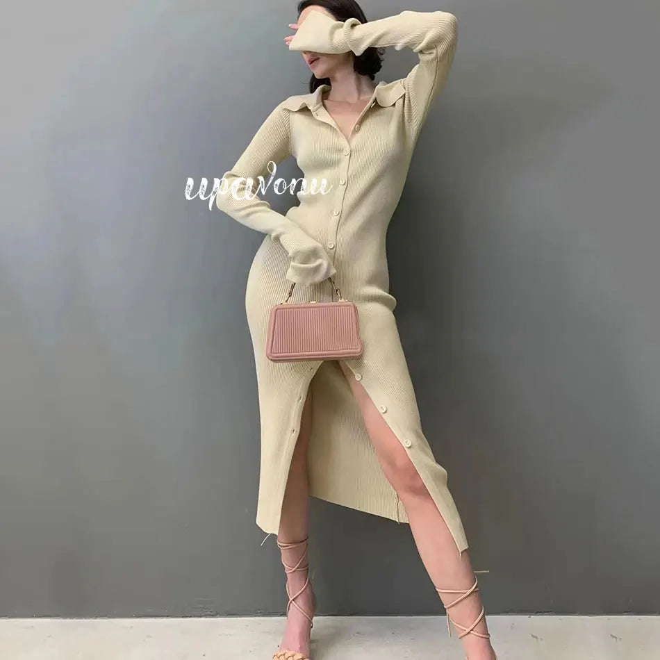 Autumn Bodycon Dress Sweater Knitted Green Women Sexy Midi Split V Neck Long Sleeve Casual Dresses Party Vestidos apricot