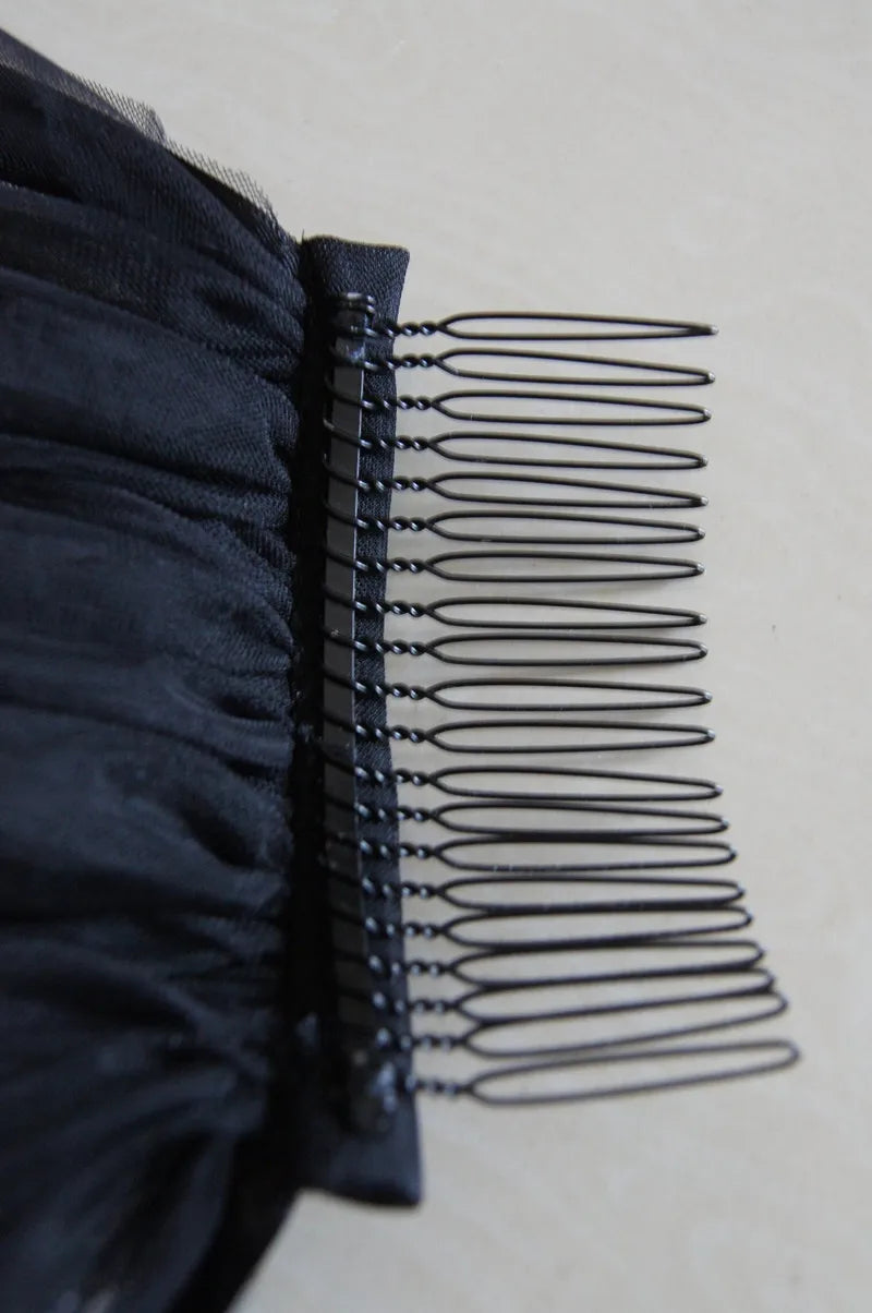 Simple Black 1 Layer Chapel Length Bridal Veil Cut Edge with Metal Comb Soft Tulle