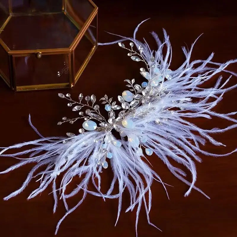 Wedding Hair Accessories Feather Headband Hairband Silver Color Headwear For Brides Women Crystal Opal Headpieces Bridal Jewelry a