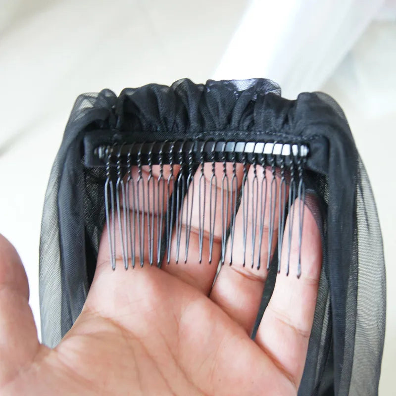 Simple Black 1 Layer Chapel Length Bridal Veil Cut Edge with Metal Comb Soft Tulle