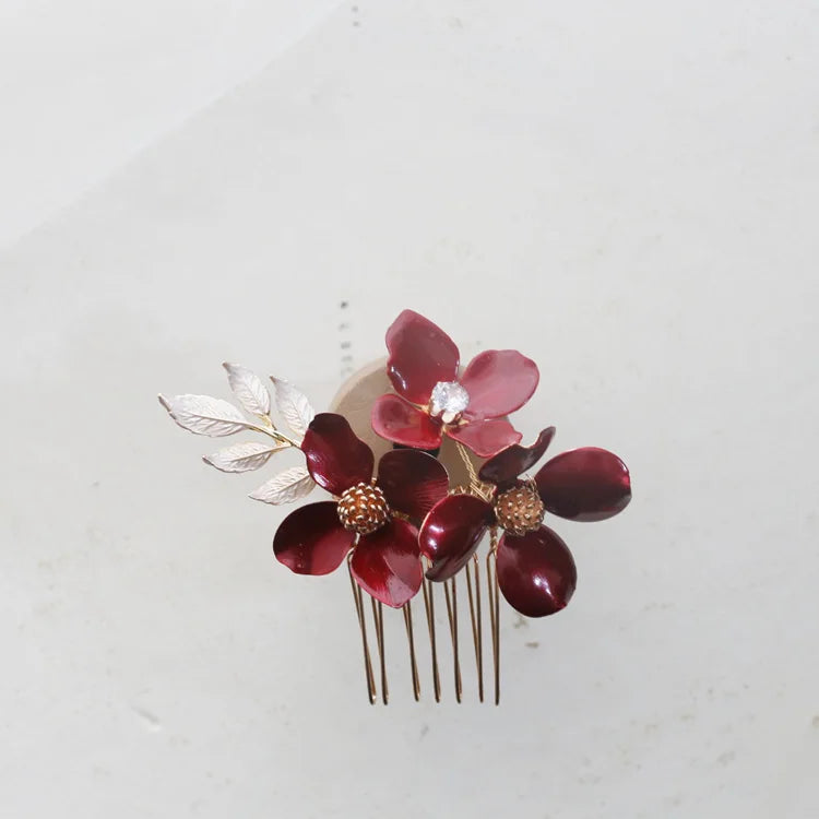 Wedding Accessories Red Flower Hair Comb Pin Clip Leaf Hairpin For Brides Bridesmaids Women Girl Head Pieces Bridal Jewelry