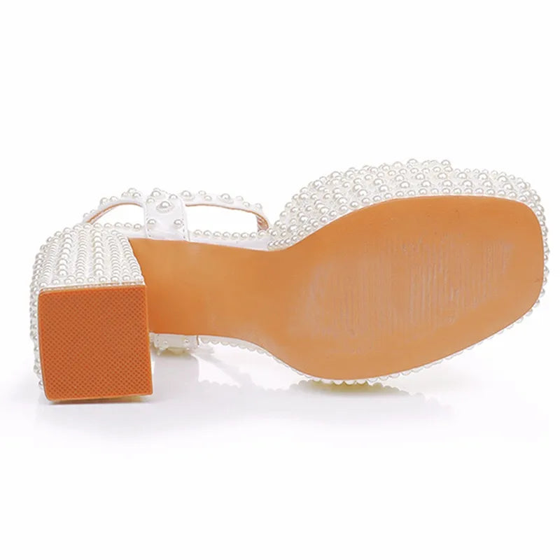 Luxury Handmade Full Pearls Thick Heeled Women Gladiator Sandals Fashion Summer Platform Wedges High heels Chunky Sandals Shoes