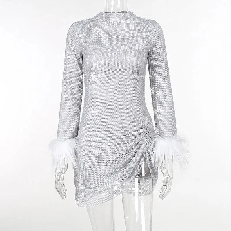 Autumn Bling Glitter Long Sleeve Side Slit Sexy Dresses For Women Feather Fashion Party Clubwear Y2K Fall Outfits Gray