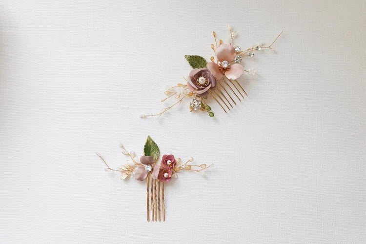 Wedding Accessories Pink Flower Hairpin Leaf Hair Comb Pin Clip For Brides Bridesmaids Crystal Pearl Head Piece Bridal Jewelry