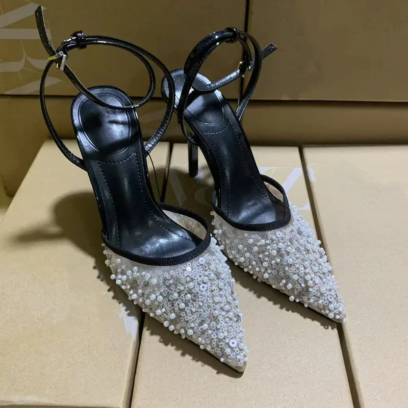 Luxury Pearls Sequined Air Mesh Women Pumps Summer Elegant Pointed toe Slingbacks Thin High heels Fashion Wedding Party Shoes