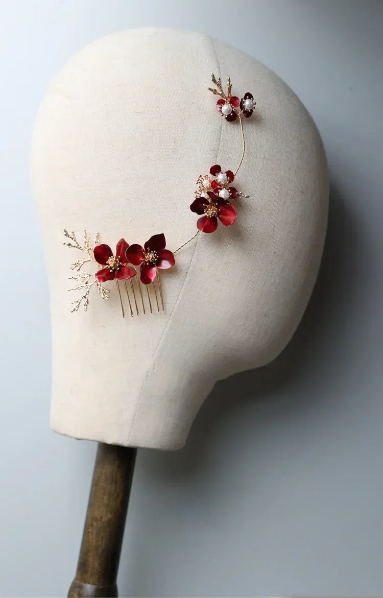 Wedding Accessories Red Flower Hair Comb Pin Clip Leaf Hairpin For Brides Bridesmaids Women Girl Head Pieces Bridal Jewelry 2