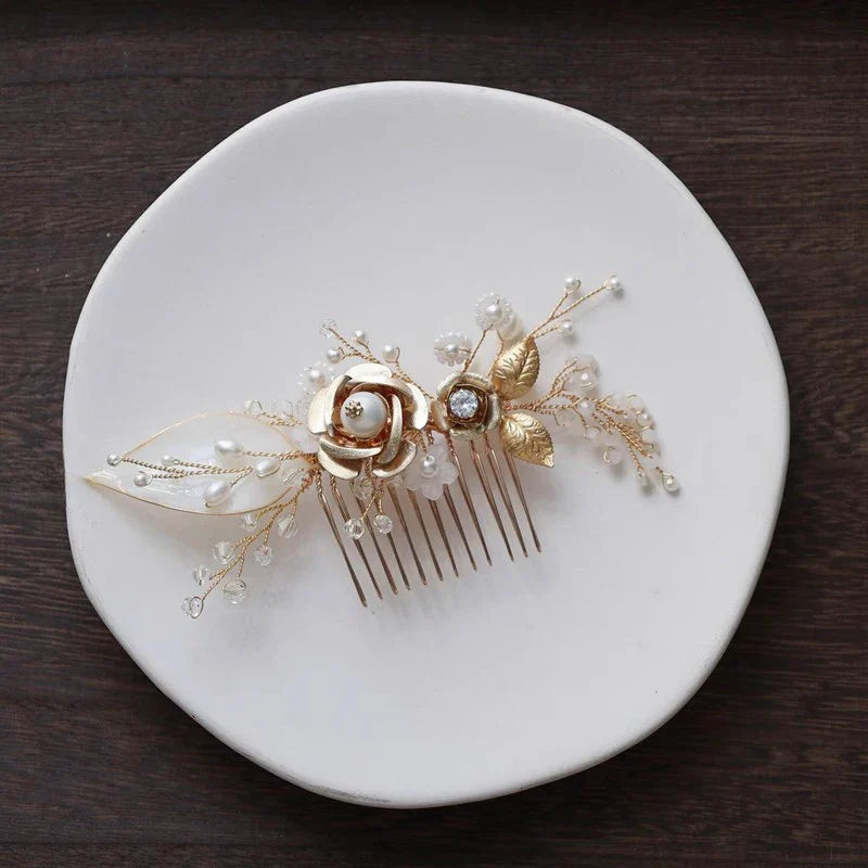 Wedding Accessories Gold Color Hair Comb Pin Pearl Crystal Hairpin Bride Birthday Gift Flower Leaf Head Piece Bridal Jewelry a