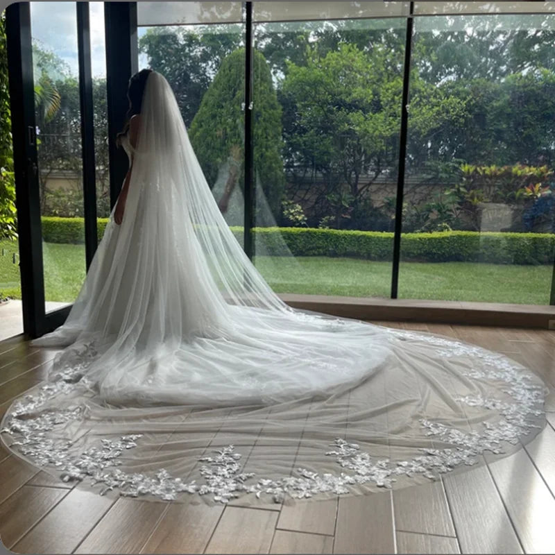 Cathedral Length Lace Applique Wedding Veil - Long Bridal Veil with Metal Comb for Brides