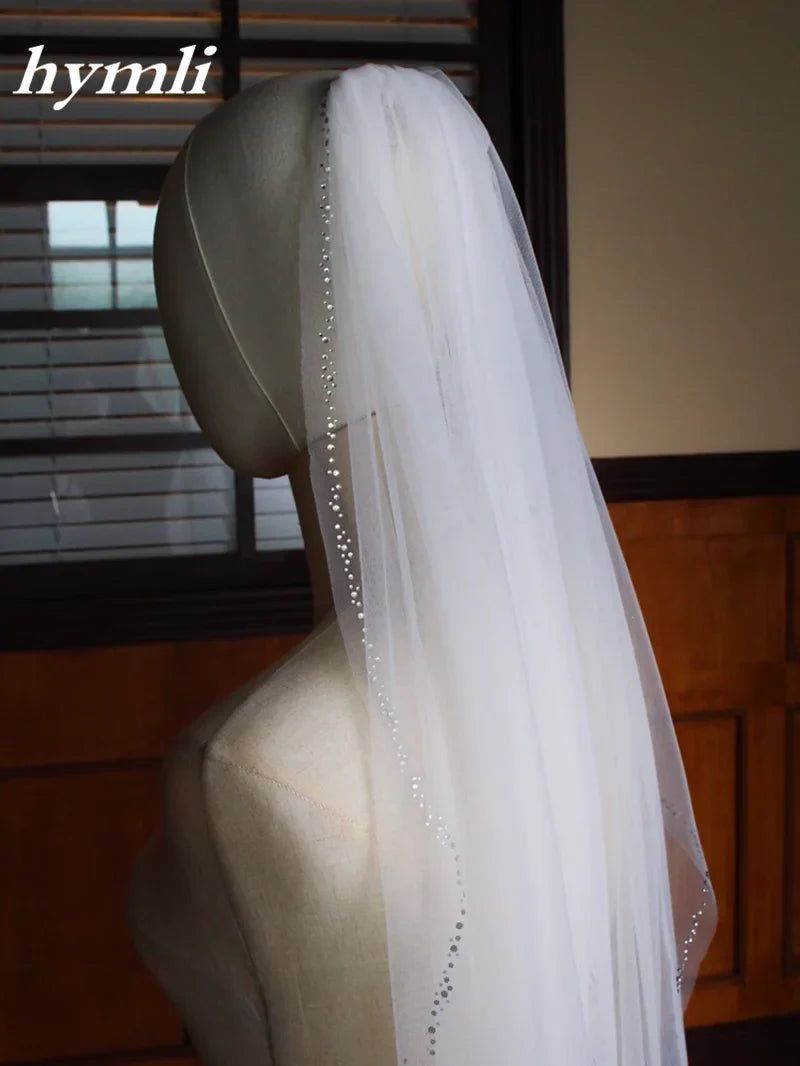 New Style 1 Tier Fingertip length Wedding Veil Tulle Crystal Bridal Veil Cut Edge