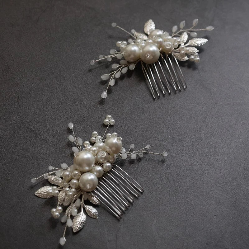 Wedding Accessories Pearl Beaded Hair Pin Clip Comb Gold Silver Color Hairpin For Bride Leaf Headdress Head Piece Bridal Jewelry silver color comb