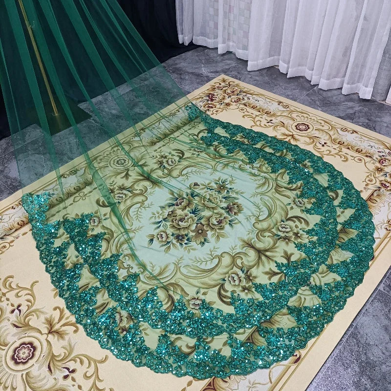 1 Layer Lace with Sequins Wedding Veil 3 Meters Green Cathedral Length Bridal Veil