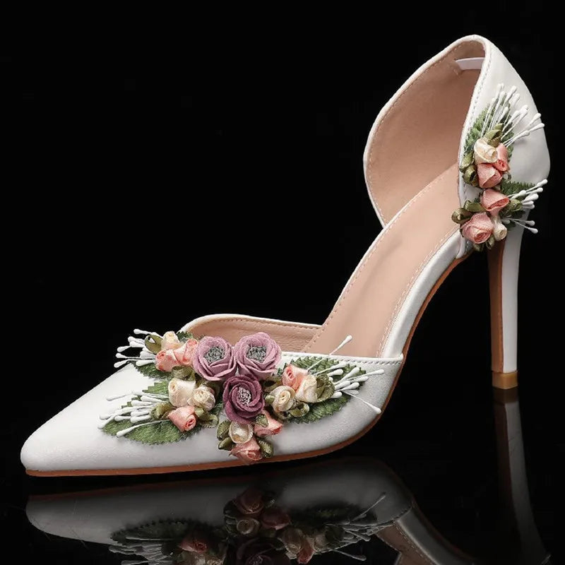 Fashion Flowers Leaf Satin Mary Janes Women Pumps Spring Autumn Elegant Pointed toe Thin High heels Wedding Bridal Shoes