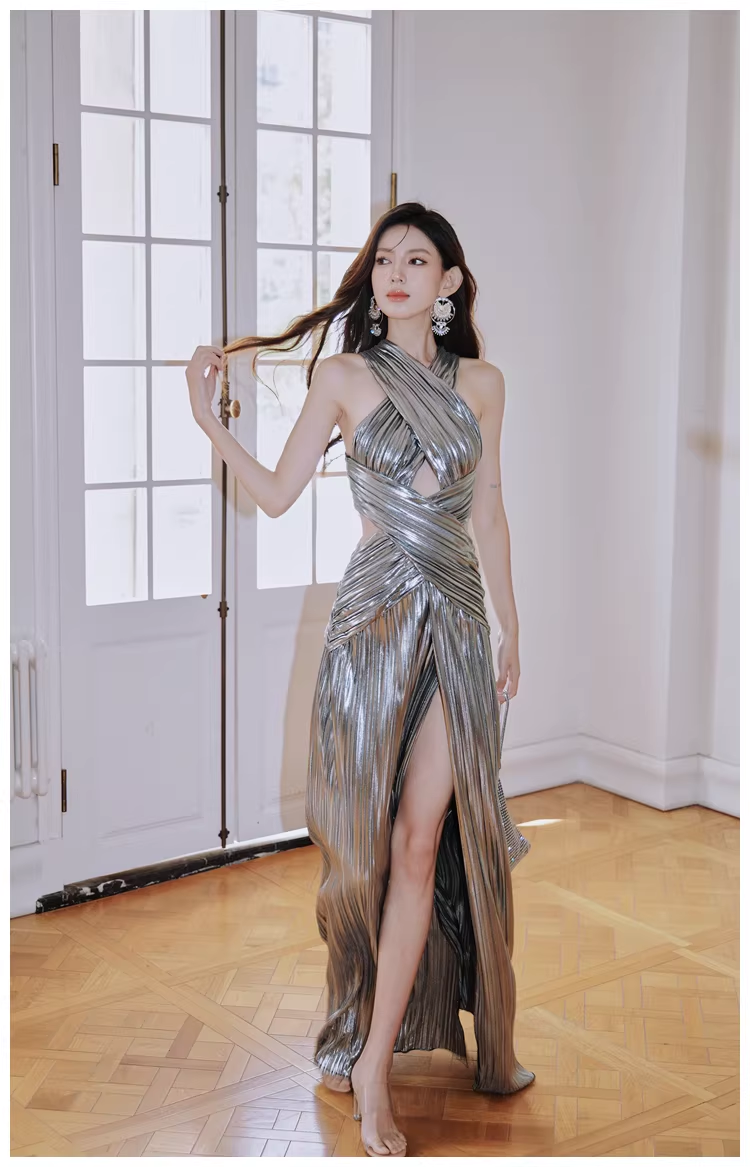 Fashion Silver Gray Satin Pleated High Slit Long Evening Dress Sexy Prom Dress