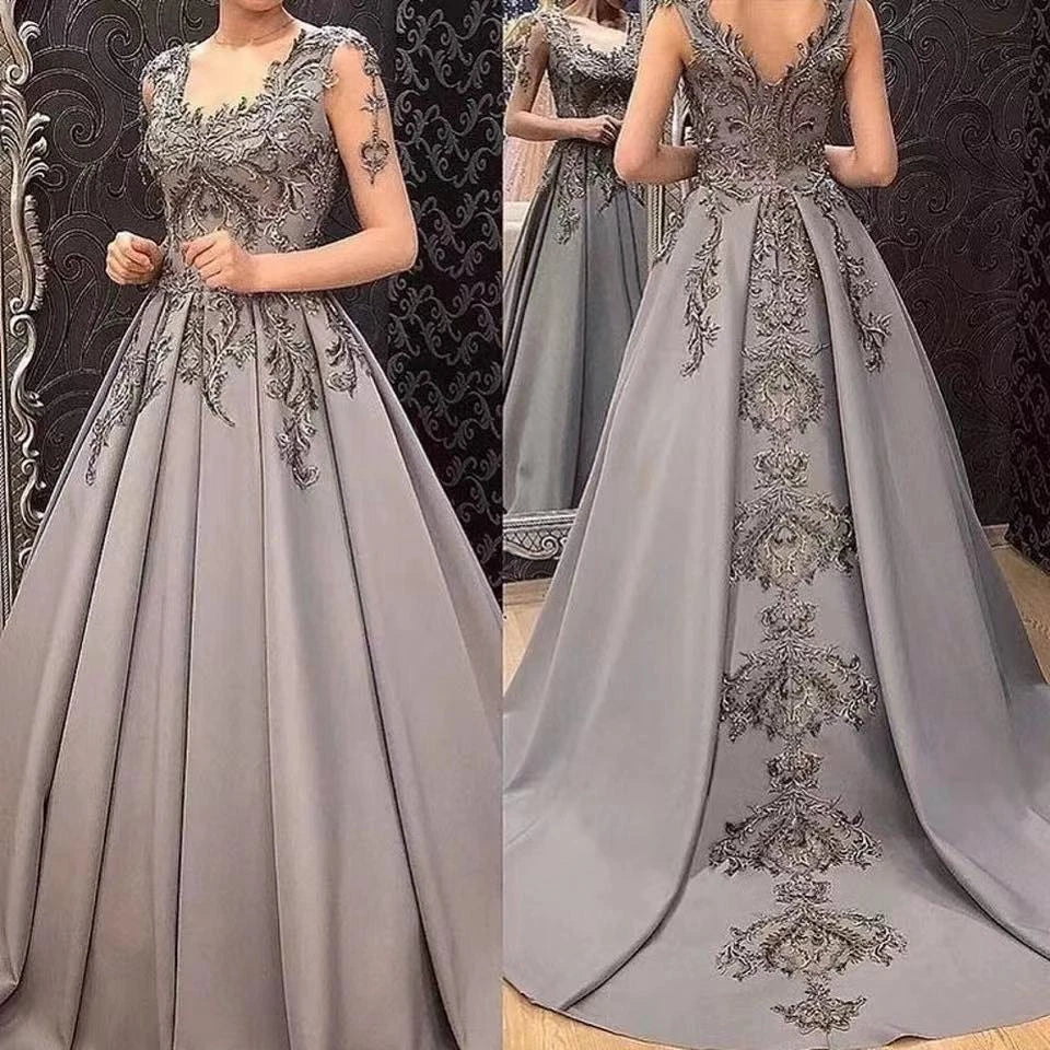 Customized Gray A-Line Evening Dresses Women Formal Party Night Robe De Soiree Appliques Simple Satin Sleeveless Prom Dress picture color