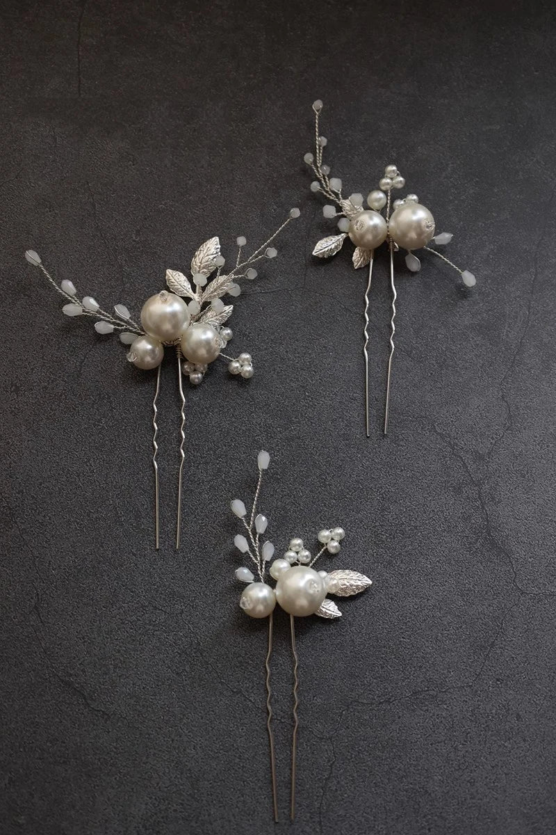 Wedding Accessories Pearl Beaded Hair Pin Clip Comb Gold Silver Color Hairpin For Bride Leaf Headdress Head Piece Bridal Jewelry silver color hairpin