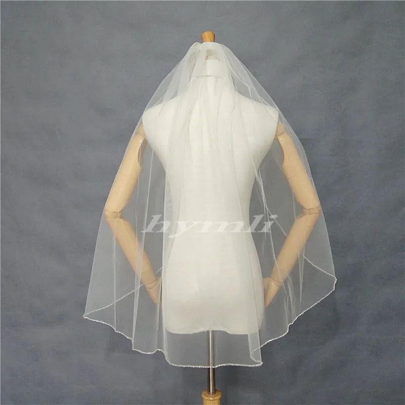 Handmade 1-Layer Beaded Veil in White , Off-White , Champagne with Metal Comb Bridal Headwear