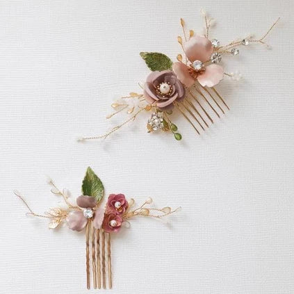 Wedding Accessories Pink Flower Hairpin Leaf Hair Comb Pin Clip For Brides Bridesmaids Crystal Pearl Head Piece Bridal Jewelry c
