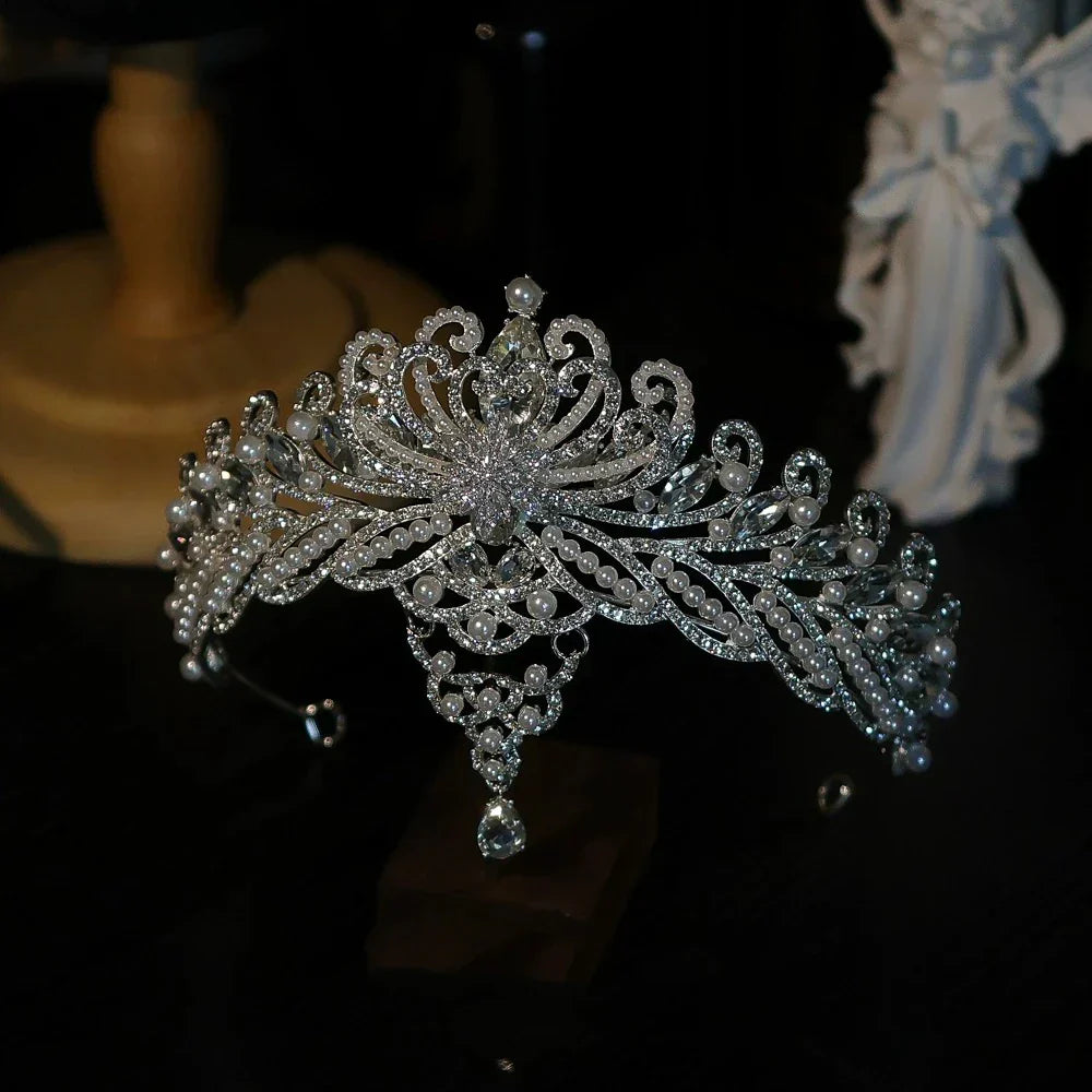 Wedding Hair Accessories Princess Queen Tiaras and Crowns Pearl Rhinestones Headpiece For Brides Women Headbands Bridal Jewelry