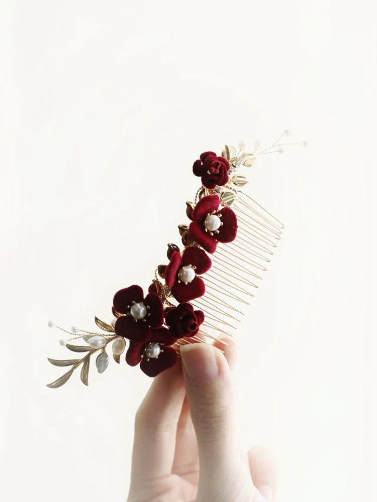 Burgundy Red Flower Head Piece Pearl Hair Comb Pin Women Brides Evening Party Dress Hairpin Bridal Jewelry Wedding Accessories