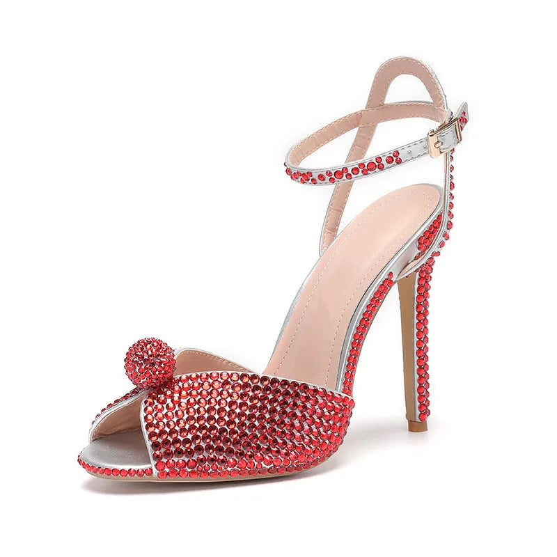Runway style Rhinestone Sequined Peep toe Women Gladiator Sandals Summer Elegant High heels Crystal Wedding Banquet Bridal Shoes Red