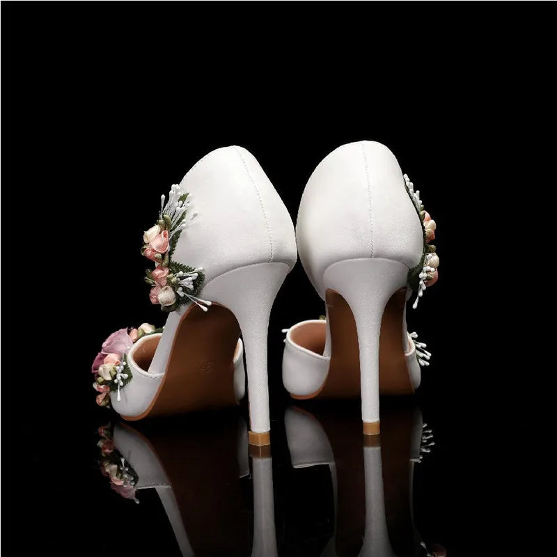 Fashion Flowers Leaf Satin Mary Janes Women Pumps Spring Autumn Elegant Pointed toe Thin High heels Wedding Bridal Shoes