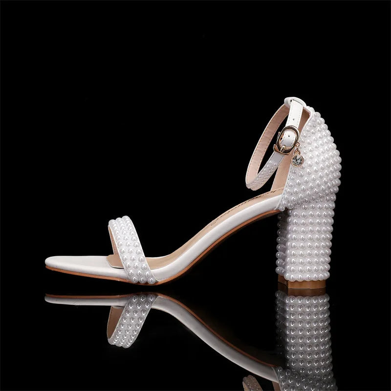 Luxury Pearls Rhinestones Thick Heeled Women Sandals Concise High heels Gladiator Sandals Fashion Female Banquet Party Shoes