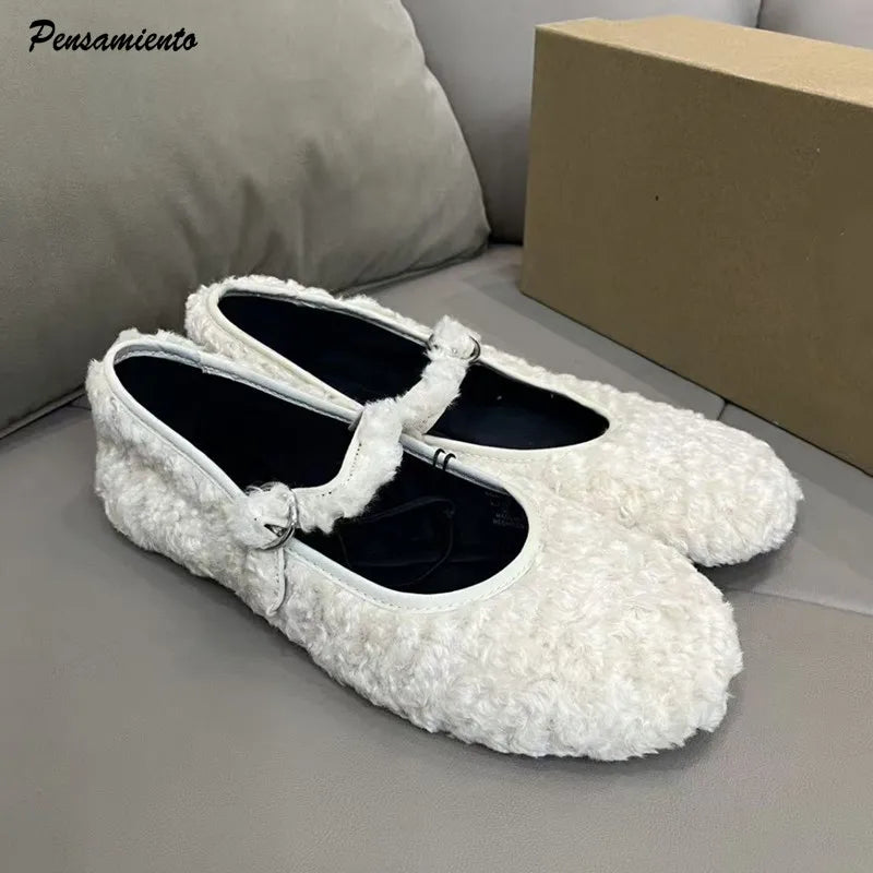Winter Warm Furry Wool Women Ballet Flats Comfortable Soft Soles Mary Janes Walking Loafers Casual Girls Dance Lazy Shoes