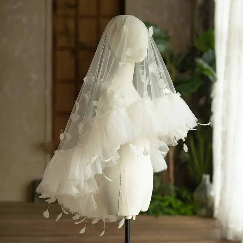 Feather Bridal Veil Short White Wedding Veils For Brides Evening Dinner Party Dress Women Girl Gifts Hair Accessories Jewelry