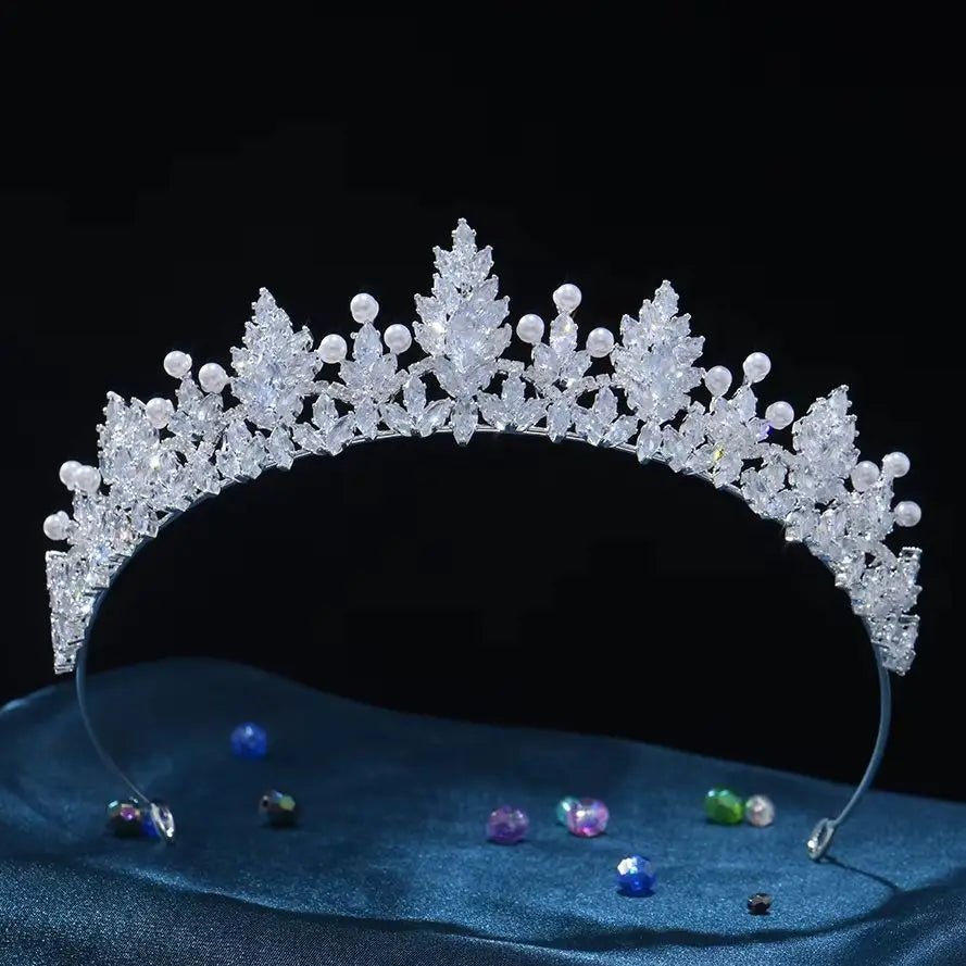 Pearl Cubic Zirconia Tiaras and Crowns CZ Zircon Headband Bride Princess Queen Headpiece Bridal Hair Jewelry Wedding Accessories