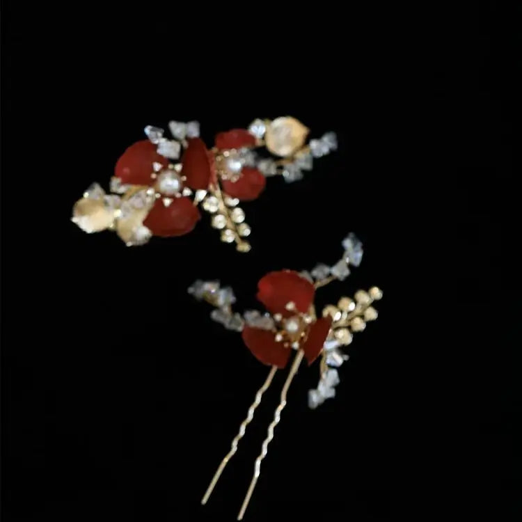 Red Flower Hair Pin Clip Leaf Head Piece For Brides Women Pearl Hairpin Party Dinner Dress Bridal Jewelry Wedding Accessories