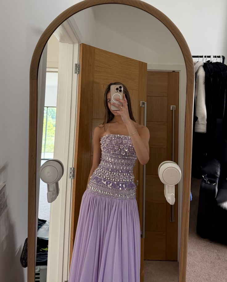 Classy Strapless Lilac Chiffon Beaded Mermaid Long Party Dress Formal Wedding Guest Dress