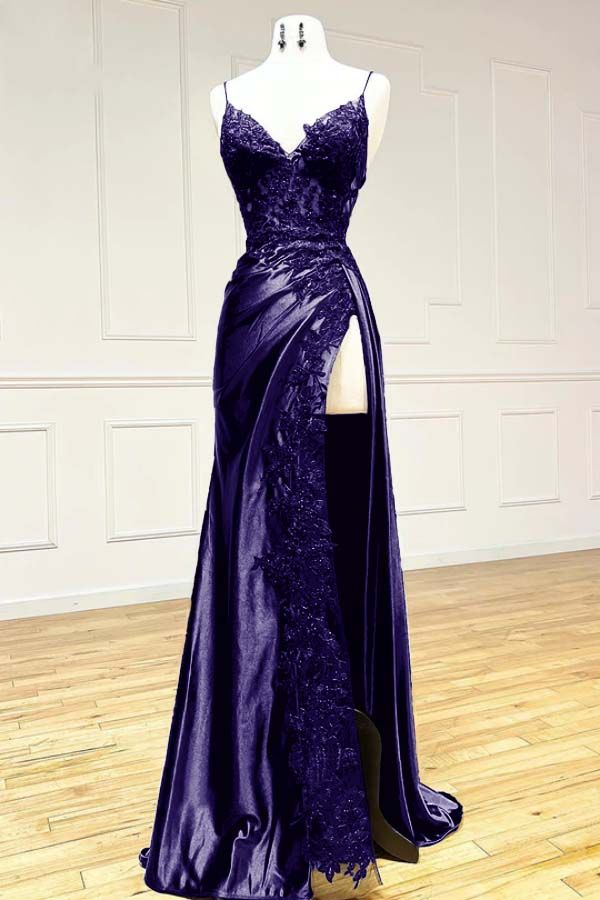 Elegant Burgundy Satin Appliques Evening Dress Slit Prom Party Dress