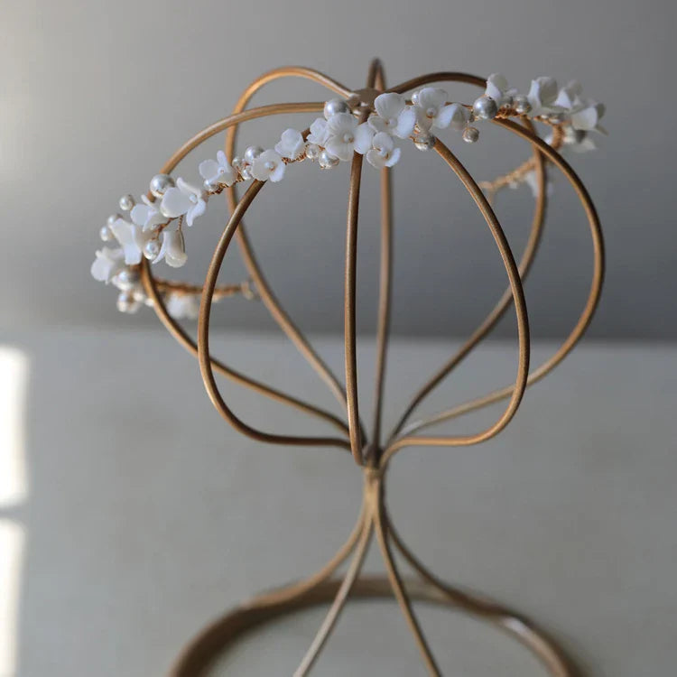 Porcelain Flower Headband Hairband Pearl Headpiece For Brides Women Headdress Headwear Wedding Hair Accessories Bridal Jewelry