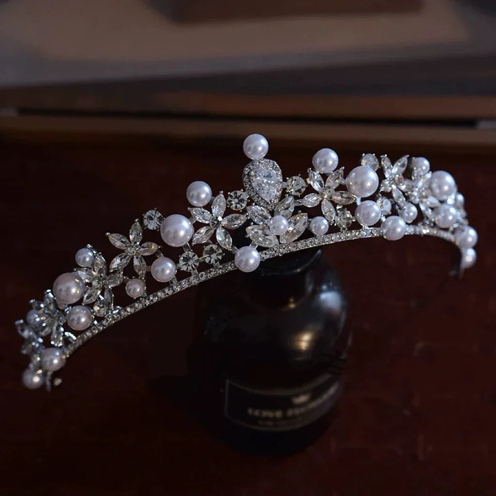 Crystal Rhinestones Tiaras and Crowns Pearl Diadem Women Bride Prom Pageant Headband Bridal Hair Jewelry Wedding Accessories b