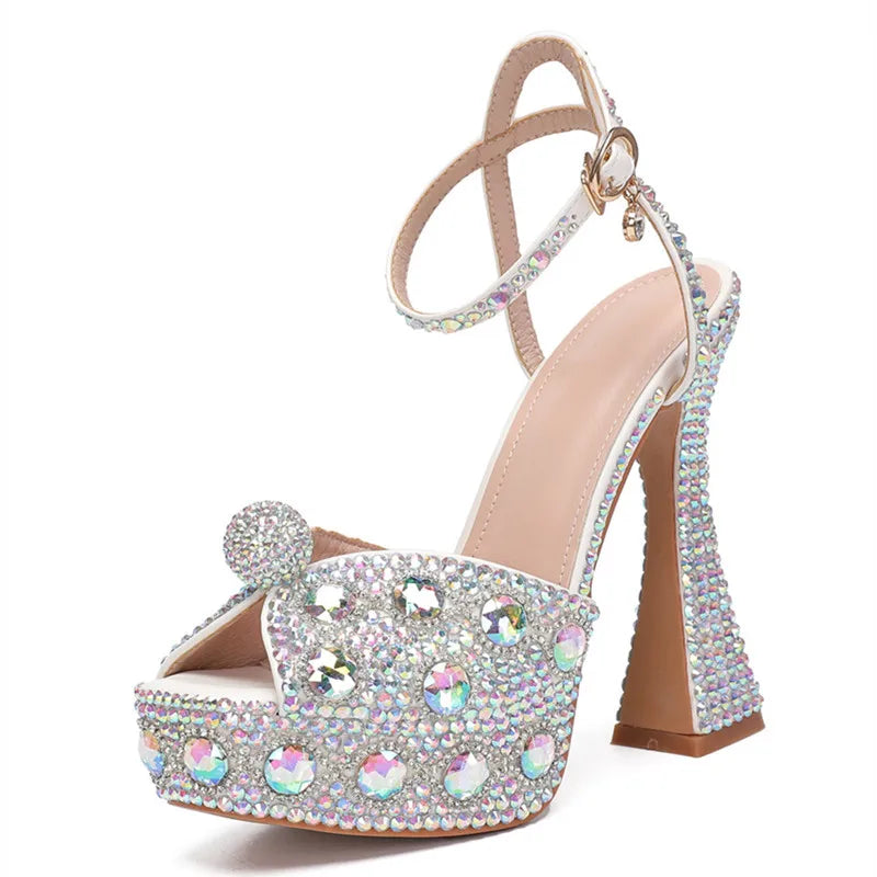 Luxury Colorful Rhinestones Women Gladiator Sandals Sexy Ankle Strap Platform Wedges High heels Fashion Summer Party Prom Shoes AB Color