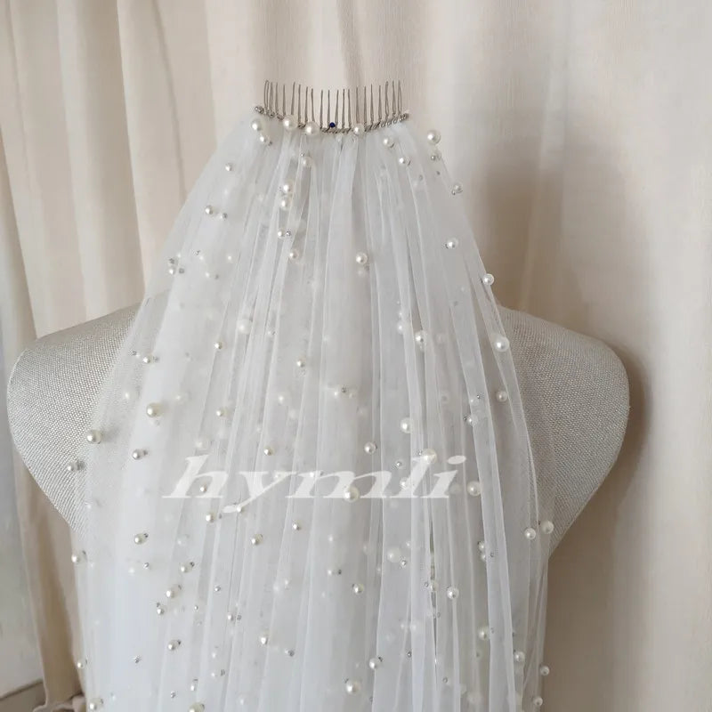 Light Ivory Wedding Veil Pearl Tulle Bridal Veil Metal Comb