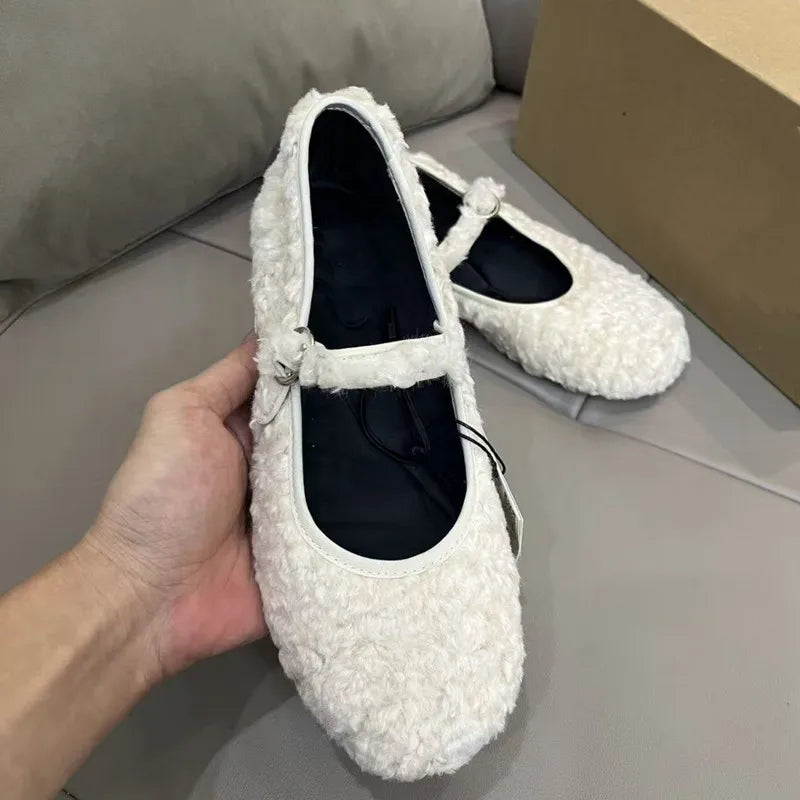 Winter Warm Furry Wool Women Ballet Flats Comfortable Soft Soles Mary Janes Walking Loafers Casual Girls Dance Lazy Shoes