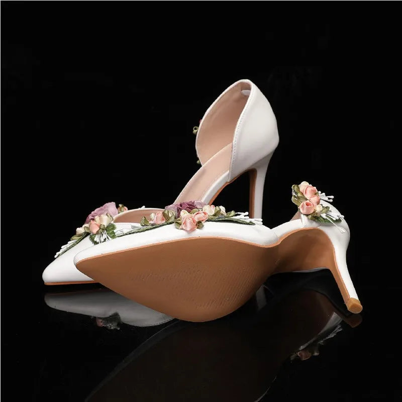 Fashion Flowers Leaf Satin Mary Janes Women Pumps Spring Autumn Elegant Pointed toe Thin High heels Wedding Bridal Shoes