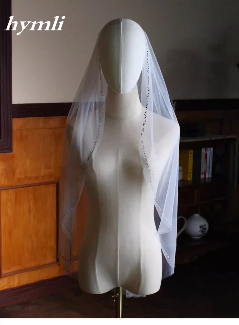 New Style 1 Tier Fingertip length Wedding Veil Tulle Crystal Bridal Veil Cut Edge