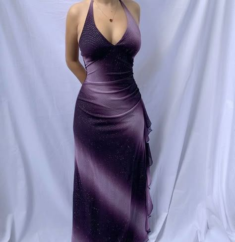 Retro Halter V Neck Purple Ombre Chiffon Sequin Ruffles Long Prom Dress Party Dress