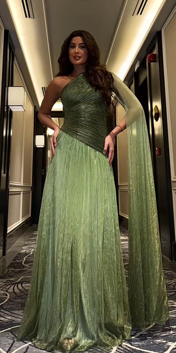 Shiny Green One Shoulder Tulle Pleated Long Wedding Guest Dress Formal Evening Dress
