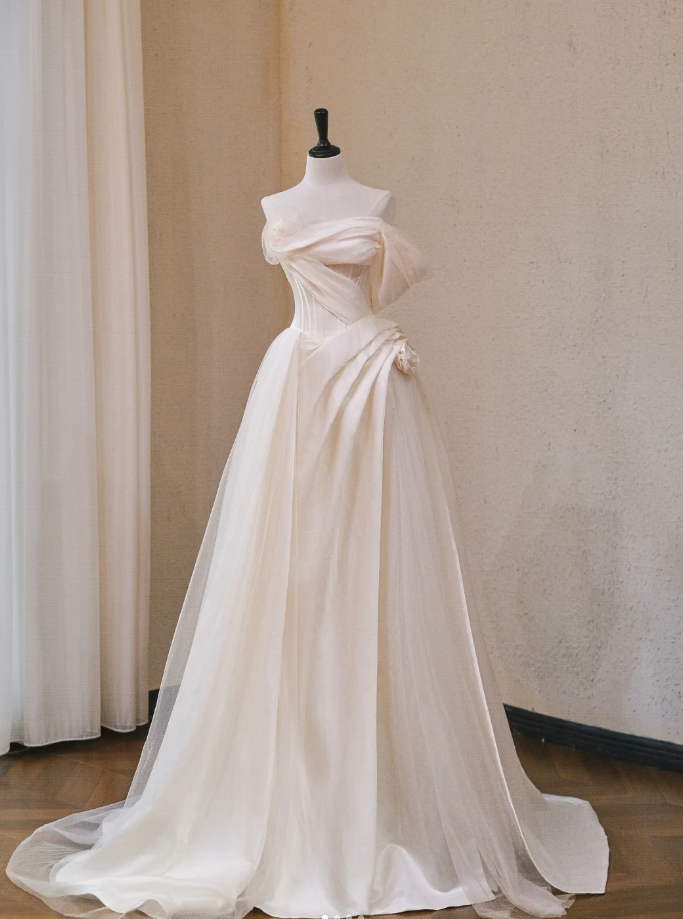 Elegant Off The Shoulder Satin Tulle Pleated White Long Wedding Dress