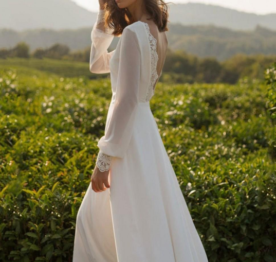 White Chiffon Simple Prom Dress Wedding Dress Open Back Prom Dress With Long Sleeves