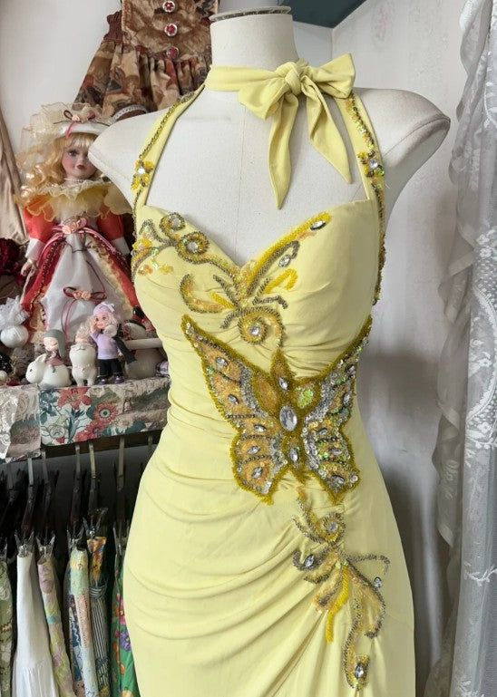 Elegant Yellow Halter Satin Beaded Sequins Evening Dress,Long Mermaid Party Prom Dress