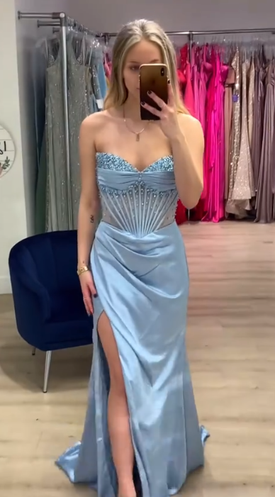 Classy Strapless Blue Satin Beaded Slit Mermaid Party Dress Long Prom Dress