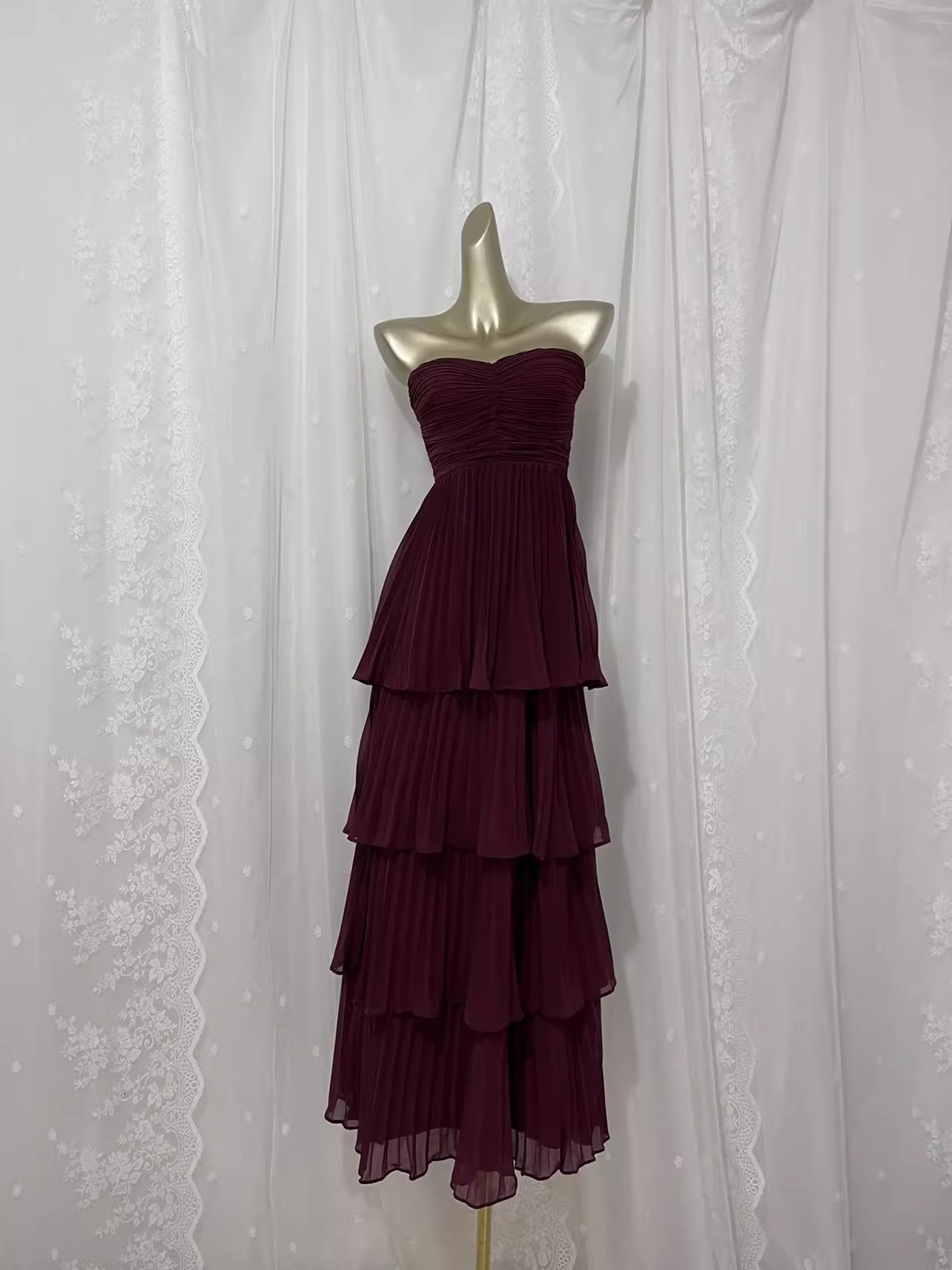 Vintage A line Sweetheart Burgundy Chiffon Vacation Dress Long Birthday Dresses