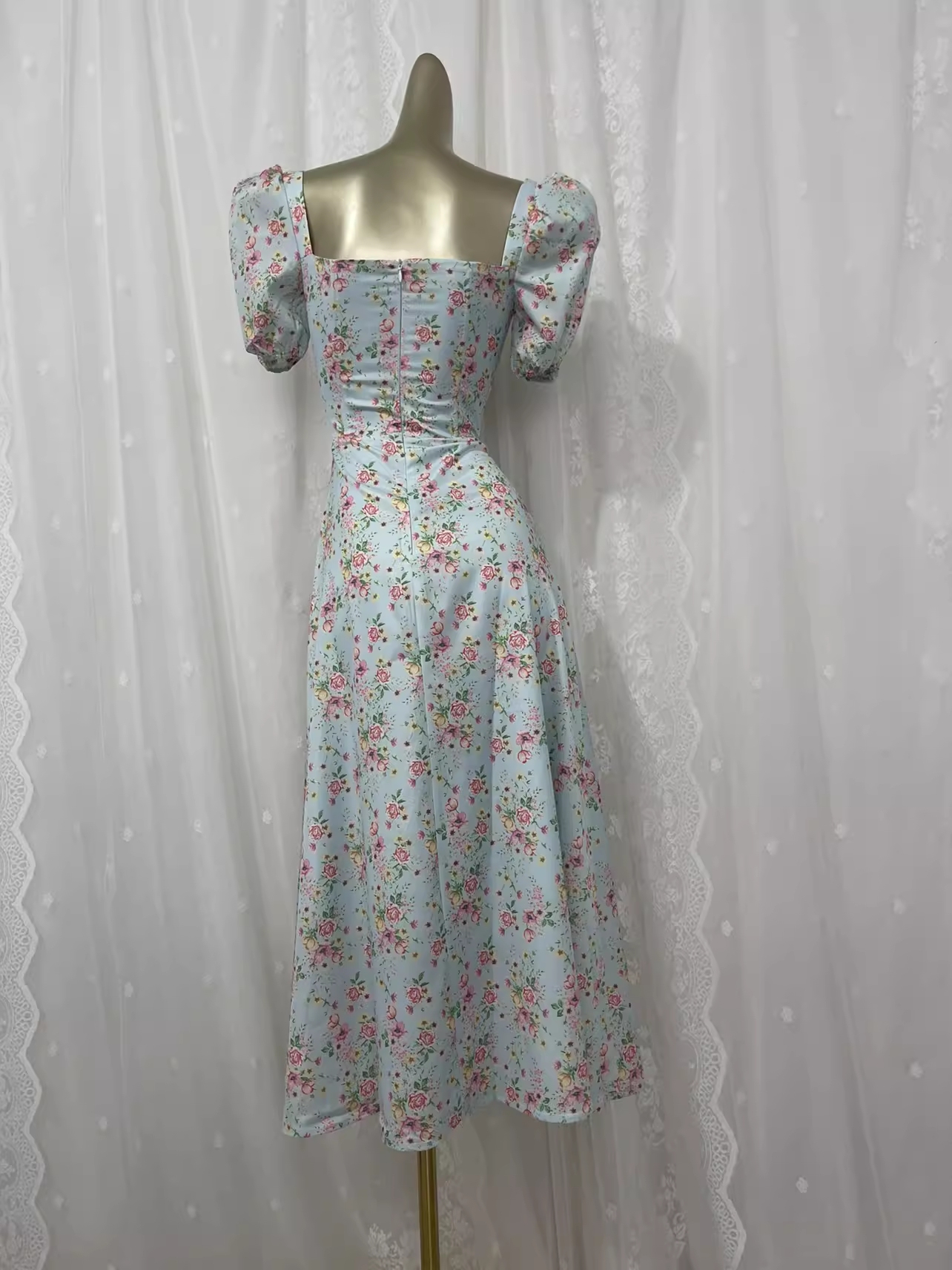 Vintage A line Square Neckline Floral Vacation Beach Dress Birthday Dress