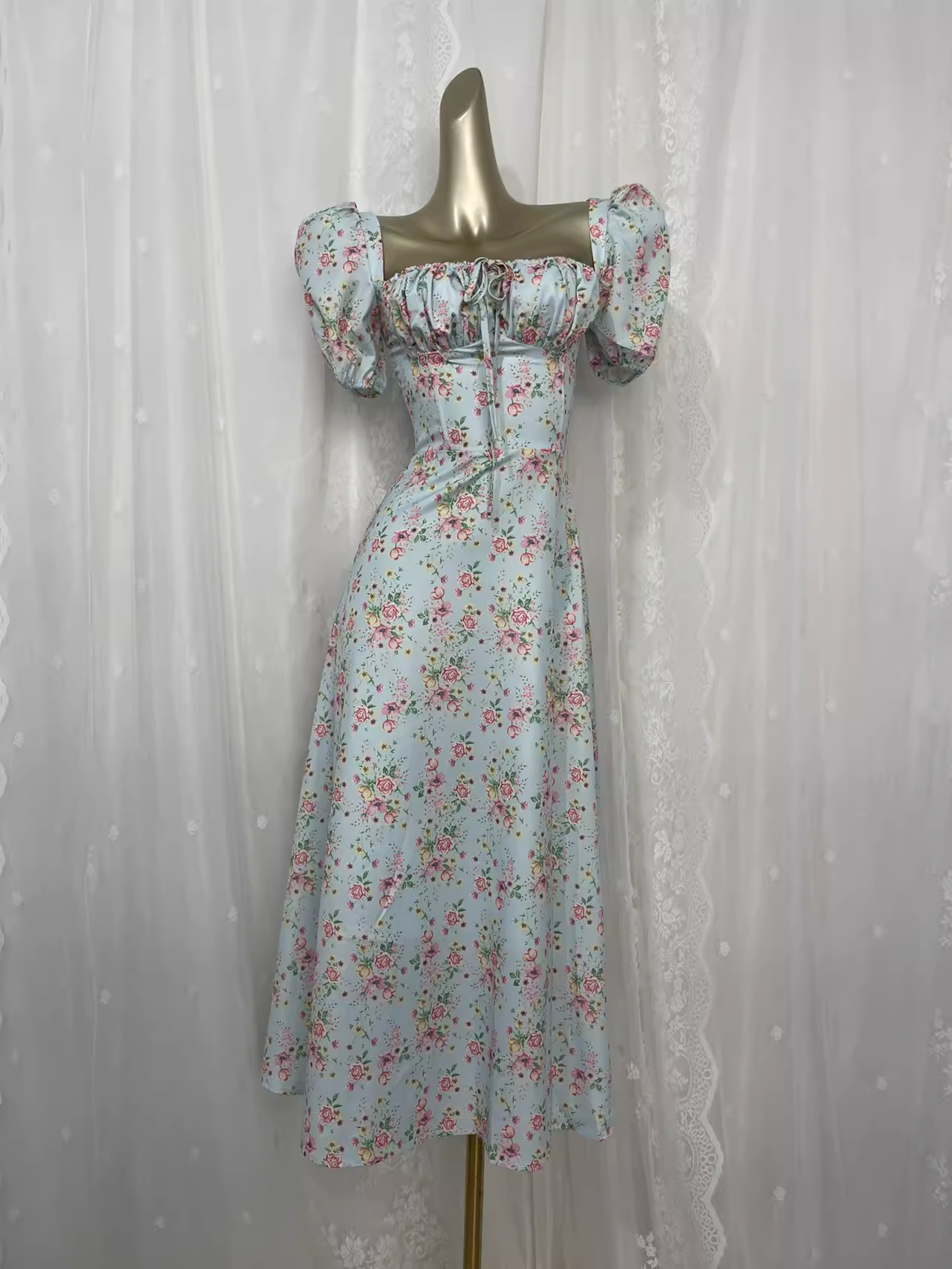 Vintage A line Square Neckline Floral Vacation Beach Dress Birthday Dress
